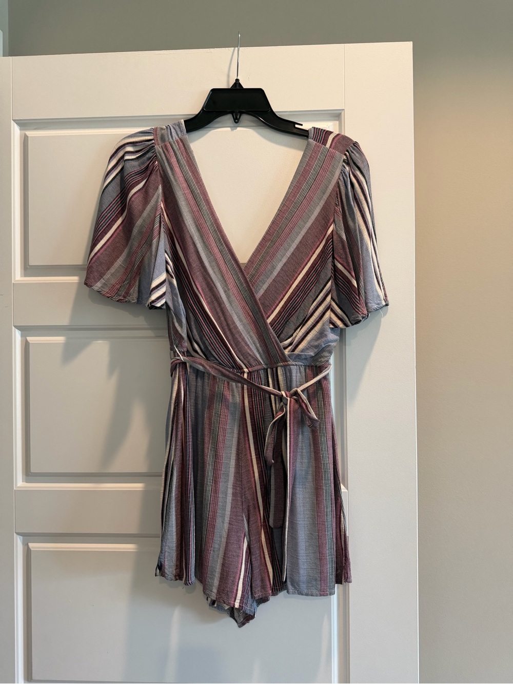 Trixxi Mauve and Gray Striped Wrap Romper